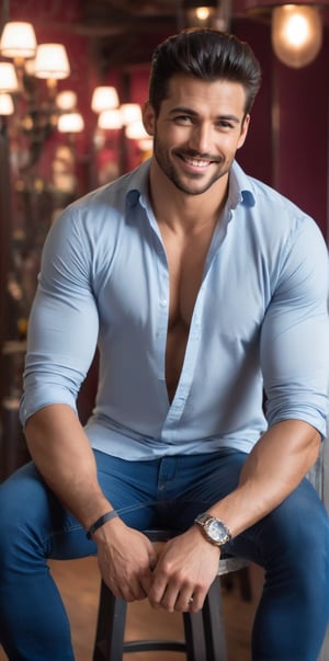 Imagine the following scene.

In a wine red room. A handsome man is sitting on a high stool. The stool is made of wood.

The man is from Mexico. Muscular. 30yo. Very light and bright blue eyes, big eyes, full and red lips, long eyelashes. male, blush. (((lots of body hair, lots of chest hair, beefy chest, very big chest))), very light black hair.

He wears a shirt with a very pronounced "V" neck, the shirt is a very transparent fabric, you can see his chest. Black jeans, wearing white sports shoes.

He has a dynamic pose, smiles at the camera. The man is a professional model

The shot is wide to capture the details of the scene. Full body shot. (the shot is from bottom to top). best quality, 8K, high resolution, masterpiece, HD, perfect proportions, perfect hands.
