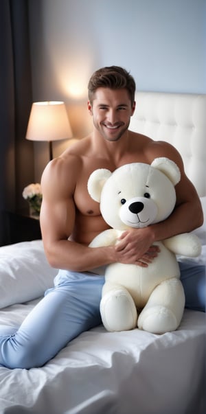 Imagine the following scene:

Realistic photograph of a large white room, with a very large bed, with white silk sheets, with many pillows. A nightstand with some modern lamps on.

Sitting on the bed a beautiful man. Hugging a big teddy bear, a white teddy bear.

The man is from Finland. 20 years. Very big and bright blue eyes, full and red lips, long eyelashes, masculine. blushing cheeks. muscular

The man sitting on the bed and hugging a big plush bear. Smile at the camera

The man wears underwear, nightwear

The shot is wide to capture the details of the scene. Full body shot. best quality, 8K, high resolution, masterpiece, HD, perfect proportions, perfect hands.