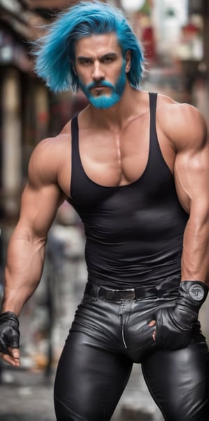 Imagine the following scene.

On a busy street, there are headlights, it is night. A beautiful man walks along the road

The man is from Slovakia. muscular. 20 years. Very large and bright blue eyes, full and red lips, muscular, long eyelashes, masculine. (Sky blue hair), big, beefy chest.

(((with black latex full-body mesh, tight-fitting bodysuit))).

Man walks, dynamic pose, big crotch, voluptuous crotch

The half-body shot to capture the details of the scene, best quality, 8K, high resolution, masterpiece, HD, perfect proportions, perfect hands.
