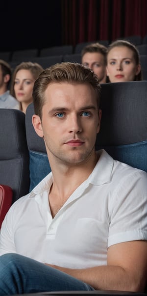Imagine the following scene.

In a movie theater, sitting in an armchair, a beautiful man watches a movie.

(((He wears jeans, sports shoes and a white shirt)))

The man is German. 25 years. Very large and bright blue eyes, full and red lips, long eyelashes, masculine. Blond hair. muscular

He is sitting in a movie seat, he has a box of popcorn, he is watching the movie screen carefully.

The shot is wide, to capture the details of the scene, the best quality, 8K, high resolution, masterpiece, HD, perfect proportions, perfect hands.