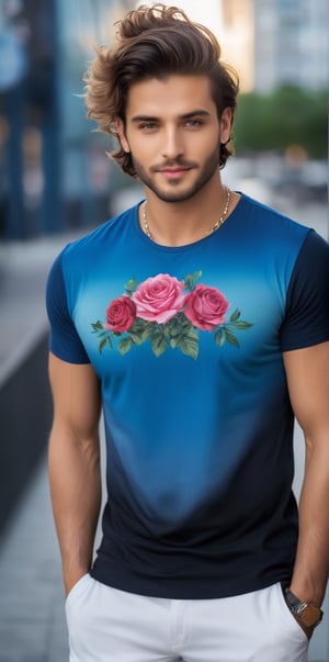 Imagine the following scene.

Outdoors on an afternoon, at dusk. In a very busy square. A handsome man poses to the camera

The man is from Arabia. Muscular. 25yo. Very light and bright blue eyes, big eyes, full and red lips, long eyelashes. male, blush.

Wearing a short-sleeved shirt, the shirt with a rose design on the front, with many gradient designs, black jeans, white sports shoes. Wear a headband, earrings, chain around your neck. (((A lot of hair on the chest)))

He has a dynamic pose, smiles at the camera. The man is a professional model

The shot is wide to capture the details of the scene. Full body shot. (the shot is from bottom to top). best quality, 8K, high resolution, masterpiece, HD, perfect proportions, perfect hands.
