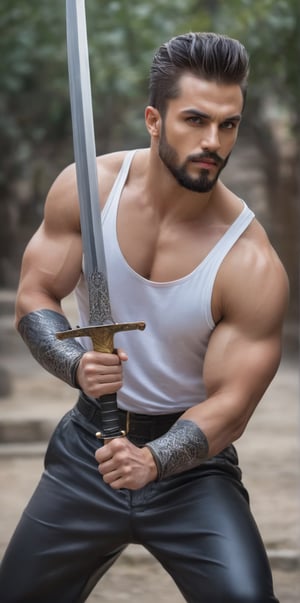 Imagine the following scene:

Realistic photograph of a beautiful man with a sword in his hands. The sword is very elaborate, the steel sword that shines, has designs on the blade of the dragon sword. The focus is the sword

The man is in a combat position, serious, with the sword in his hands.

The scene takes place outdoors.

The man is from Saudi Arabia, 35yo, very light and bright blue eyes, big eyes, long eyelashes, red and full lips, raised hair, gelled hair, blonde hair, black highlights in his hair. Blush, muscular. (((a lot of hair on the chest, tattoo on the arm, tattoo)))

The man wears black latex pants, tight pants, and white boots. White shirt tight to the body. You can notice his strong and large pectorals. Voluptuous crotch.

Combat pose, dynamic pose.

The shot is wide to capture the details of the scene. Full body shot. best quality, 8K, high resolution, masterpiece, HD, perfect proportions, perfect hands.