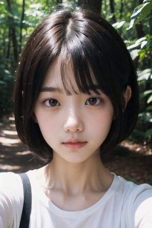 主：(Deep in the woods), 
鏡：(((Only the face enters the camera))), (Focus on the face),
人：korean woman,
髮：(((bangs))), (((very short short hair))),