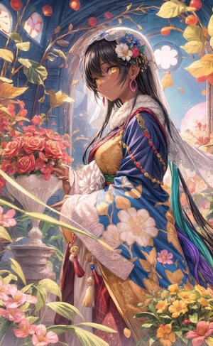 1girl, solo, long hair, looking at viewer, bangs, black hair, hair ornament, long sleeves, holding, jewelry, closed mouth, yellow eyes, glowing eyes, flower, earrings, indoors, dark skin, wide sleeves, from side, dark-skinned female, leaf, floral print, tassel, veil, traditional clothes, stained glass background 8k, masterpiece, ultra realistic, UHD, highly detailed, best quality,candyland