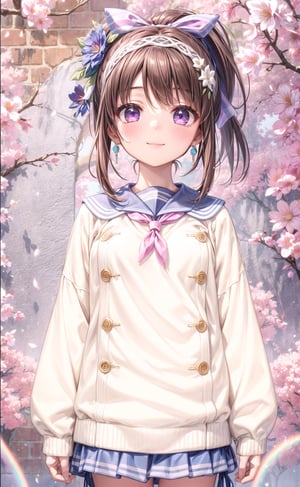 1girl, solo, looking at viewer, blush, smile, bangs, purple eyes, glowing eyes, small breasts, skirt, brown hair, hair ornament, long sleeves, ribbon, jewelry, closed mouth, standing, hair ribbon, ponytail, flower, hairband, hair flower, sailor collar, sweater, blue skirt, sleeves past wrists, arms at sides, light tan sweater, 8k, masterpiece, ultra realistic, UHD, highly detailed, best quality,