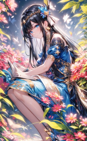 1girl, solo, long hair, looking at viewer, bangs, blue eyes, black hair, dress, jewelry, sitting, closed mouth, flower, earrings, star \(symbol\), from side, book, blue dress, plant, 8k, masterpiece, ultra realistic, UHD, highly detailed, best quality,candyland,full background,