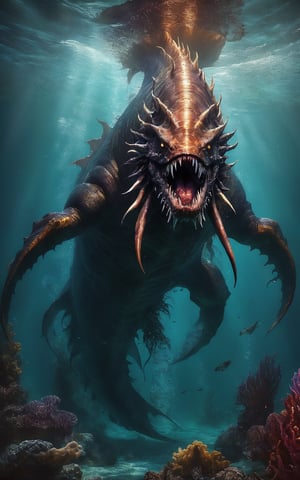 Prompt: Sea beast rising up from the depths, monstrous, intimidating, detailed creature design, underwater, cinematic, dramatic lighting, dark and menacing, large scale, concept art, creature design by Neville Page and Ian Joyner, 4k resolution, digital painting