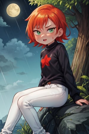 8k resolution, high resolution, masterpiece, intricate details, highly detailed, HD quality, solo, loli, black desert on the background, night, rain, red stars in the sky, scarlet moon, 
Gwendoline Tennyson.red hair.orange hair.short hair.green eyes.(Gwen Tennyson's clothes).white and blue slim fitting jumper.minimalistic blue cat logo on the chest of the jumper.white jeans.funny expression.a cheeky expression.playful expression.sitting on a rock.legs bent.legs apart, perfect pussy, perfect vagina, vagina, detailed vagina, beautiful vagina, focus on the whole body, the whole body in the frame, small breasts, vds, looking at viewer, wet, rich colors, vibrant colors, detailed eyes, super detailed, extremely beautiful graphics, super detailed skin, best quality, highest quality, high detail, masterpiece, detailed skin, perfect anatomy, perfect body, perfect hands, perfect fingers, complex details, reflective hair, textured hair, best quality, super detailed, complex details, high resolution,  

,Shadbase ,USA,Captain kirb,JCM2,Mrploxykun,Kanna Kamui ,muffetwear,Sonic,Artist,Sage,shalltear bloodfallen,chloe,Gwendolyn_Tennyson