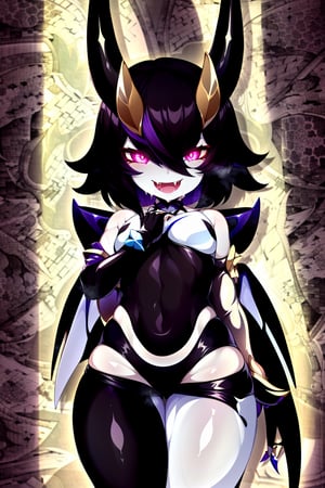 1 girl, solo, smile, golden eyes, golden iris, golden sclera, star-shaped pupils, black pupils, unusually shaped pupils, black hair, short hair, fluffy hair, open mouth, two fangs, sharp fangs, symmetrical fangs, detailed fangs, sharp bangs, wings, puffy sleeves, leather trousers, hip trousers, low-slung trousers, bat wings, shoulder blade wings, leather sleeves, black sleeves, long sleeves, 

shadow, shadows, shadow on the face, shadow hides the upper part of the face, eyes shine with an otherworldly light, eyes shine with a golden light, 

insanely happy smile, evil smile, getsugao, insane happiness, excited expression, heavy breathing,

the girl is a sorceress, the evil girl is a sorceress, the dark girl is a sorceress, clothes of black red and purple tones, the costume of the evil girl is a sorceress, a magic wand is clenched in one of the hands, small breast, tight clothes, slim body, bare tummy, G-string peeking out from under the pants at the junction between the hips and waist, bare shoulders, slim hips, horns 30 centimeters, straight horns, horns grow up, pointed horns, smooth horns, matte horns, the color of the horns matches the skin, horns grow up, horns grow along the edges of the upper part of the forehead,

pale skin, only two horns, white horns, polished horns, white horns, pupils in the shape of a sharp cross, pupils in the shape of X,

,
