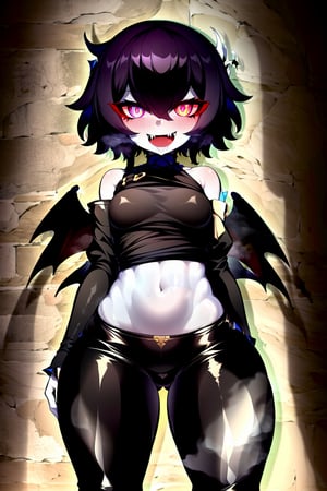 1 girl, solo, smile, golden eyes, golden iris, golden sclera, star-shaped pupils, black pupils, unusually shaped pupils, black hair, short hair, fluffy hair, open mouth, two fangs, sharp fangs, symmetrical fangs, detailed fangs, sharp bangs, wings, puffy sleeves, leather trousers, hip trousers, low-slung trousers, bat wings, shoulder blade wings, leather sleeves, black sleeves, long sleeves, 

shadow, shadows, shadow on the face, shadow hides the upper part of the face, eyes shine with an otherworldly light, eyes shine with a golden light, 

insanely happy smile, evil smile, getsugao, insane happiness, excited expression, heavy breathing,

the girl is a sorceress, the evil girl is a sorceress, the dark girl is a sorceress, clothes of black red and purple tones, the costume of the evil girl is a sorceress, a magic wand is clenched in one of the hands, small breast, tight clothes, slim body, bare tummy, G-string peeking out from under the pants at the junction between the hips and waist,

,