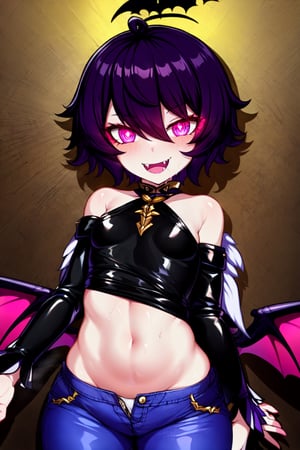 1 girl, solo, smile, golden eyes, golden iris, golden sclera, star-shaped pupils, black pupils, unusually shaped pupils, black hair, short hair, fluffy hair, open mouth, two fangs, sharp fangs, symmetrical fangs, detailed fangs, sharp bangs, wings, puffy sleeves, leather trousers, hip trousers, low-slung trousers, bat wings, shoulder blade wings, leather sleeves, black sleeves, long sleeves, 

shadow, shadows, shadow on the face, shadow hides the upper part of the face, eyes shine with an otherworldly light, eyes shine with a golden light, 

insanely happy smile, evil smile, getsugao, insane happiness, excited expression, heavy breathing,

the girl is a sorceress, the evil girl is a sorceress, the dark girl is a sorceress, clothes of black red and purple tones, the costume of the evil girl is a sorceress, a magic wand is clenched in one of the hands, small breast, tight clothes, slim body, bare tummy, G-string peeking out from under the pants at the junction between the hips and waist, bare shoulders, slim hips,

,jtveemostyle