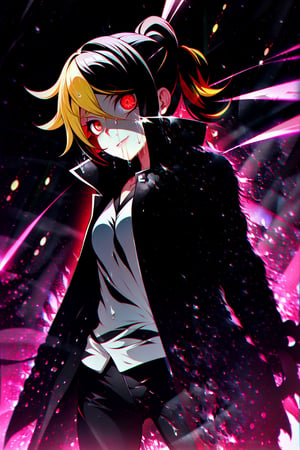 Loli, solo, Naruko Uzumaki, red eyes, eyes emitting scarlet light, black sclera, absolutely black eyeballs, three thin black vertical stripes on both cheeks, shadow on the face, the upper part of the face is hidden by shadow, long black scaly coat, open coat, yellow hair, two ponytails, squinted eyes, black gloves, black trousers, arms outstretched, scarlet lightning in the background, rain, thunderstorm, the whole body in the frame,Naruko