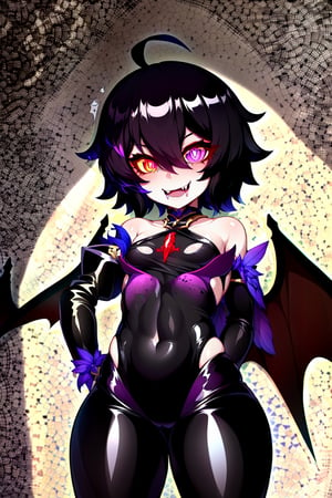 1 girl, solo, smile, golden eyes, golden iris, golden sclera, star-shaped pupils, black pupils, unusually shaped pupils, black hair, short hair, fluffy hair, open mouth, two fangs, sharp fangs, symmetrical fangs, detailed fangs, sharp bangs, wings, puffy sleeves, leather trousers, hip trousers, low-slung trousers, bat wings, shoulder blade wings, leather sleeves, black sleeves, long sleeves, 

shadow, shadows, shadow on the face, shadow hides the upper part of the face, eyes shine with an otherworldly light, eyes shine with a golden light, 

insanely happy smile, evil smile, getsugao, insane happiness, excited expression, heavy breathing,

the girl is a sorceress, the evil girl is a sorceress, the dark girl is a sorceress, clothes of black red and purple tones, the costume of the evil girl is a sorceress, a magic wand is clenched in one of the hands, small breast, tight clothes, slim body,

,