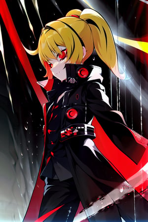 Loli, solo, Naruko Uzumaki, red eyes, eyes emitting scarlet light, black sclera, absolutely black eyeballs, three thin black vertical stripes on both cheeks, shadow on the face, the upper part of the face is hidden by shadow, long black scaly coat, open coat, yellow hair, two ponytails, squinted eyes, black gloves, black trousers, arms outstretched, scarlet lightning in the background, rain, thunderstorm, the whole body in the frame,

,BloodOrangeMix 