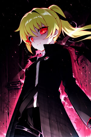 Loli, solo, Naruko Uzumaki, red eyes, eyes emitting scarlet light, black sclera, absolutely black eyeballs, three thin black vertical stripes on both cheeks, shadow on the face, the upper part of the face is hidden by shadow, long black scaly coat, open coat, yellow hair, two ponytails, squinted eyes, black gloves, black trousers, arms outstretched, scarlet lightning in the background, rain, thunderstorm, the whole body in the frame,Naruko