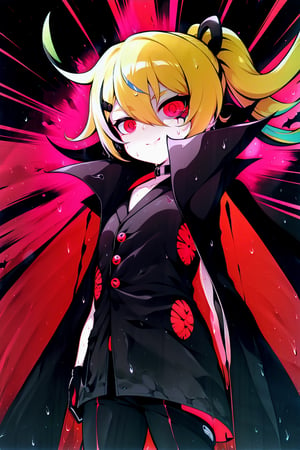 Loli, solo, Naruko Uzumaki, red eyes, eyes emitting scarlet light, black sclera, absolutely black eyeballs, three thin black vertical stripes on both cheeks, shadow on the face, the upper part of the face is hidden by shadow, long black scaly coat, open coat, yellow hair, two ponytails, squinted eyes, black gloves, black trousers, arms outstretched, scarlet lightning in the background, rain, thunderstorm, the whole body in the frame,

,BloodOrangeMix 