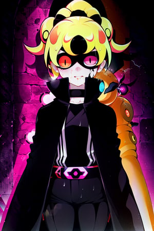 Loli, solo, Naruko Uzumaki, red eyes, eyes emitting scarlet light, black sclera, absolutely black eyeballs, three thin black vertical stripes on both cheeks, shadow on the face, the upper part of the face is hidden by shadow, long black scaly coat, open coat, yellow hair, two ponytails, squinted eyes, black gloves, black trousers, arms outstretched, scarlet lightning in the background, rain, thunderstorm, the whole body in the frame,

,BloodOrangeMix ,SHADBASE,Mrploxykun