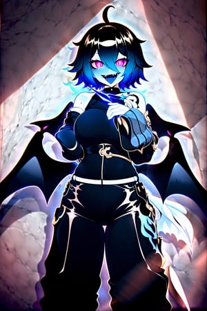 1 girl, solo, smile, golden eyes, golden iris, golden sclera, star-shaped pupils, black pupils, unusually shaped pupils, black hair, short hair, fluffy hair, open mouth, two fangs, sharp fangs, symmetrical fangs, detailed fangs, sharp bangs, wings, puffy sleeves, leather trousers, hip trousers, low-slung trousers, bat wings, shoulder blade wings, leather sleeves, black sleeves, long sleeves, 

shadow, shadows, shadow on the face, shadow hides the upper part of the face, eyes shine with an otherworldly light, eyes shine with a golden light, 

insanely happy smile, evil smile, getsugao, insane happiness, excited expression, heavy breathing,

the girl is a sorceress, the evil girl is a sorceress, the dark girl is a sorceress, clothes of black red and purple tones, the costume of the evil girl is a sorceress, a magic wand is clenched in one of the hands,portrait,nodf_lora,jtveemostyle