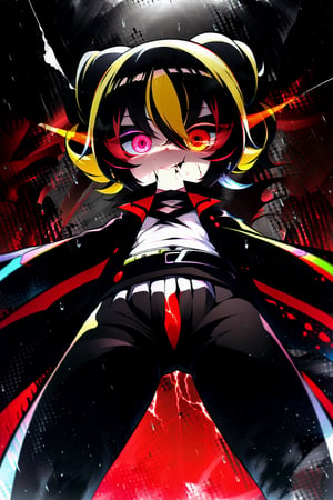 Loli, solo, Naruko Uzumaki, red eyes, eyes emitting scarlet light, black sclera, absolutely black eyeballs, three thin black vertical stripes on both cheeks, shadow on the face, the upper part of the face is hidden by shadow, long black scaly coat, open coat, yellow hair, two ponytails, squinted eyes, black gloves, black trousers, arms outstretched, scarlet lightning in the background, rain, thunderstorm, the whole body in the frame,

,