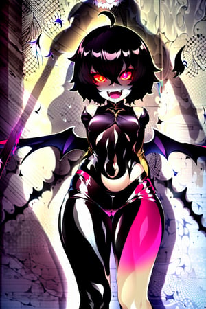 1 girl, solo, smile, golden eyes, golden iris, golden sclera, star-shaped pupils, black pupils, unusually shaped pupils, black hair, short hair, fluffy hair, open mouth, two fangs, sharp fangs, symmetrical fangs, detailed fangs, sharp bangs, wings, puffy sleeves, leather trousers, hip trousers, low-slung trousers, bat wings, shoulder blade wings, leather sleeves, black sleeves, long sleeves, 

shadow, shadows, shadow on the face, shadow hides the upper part of the face, eyes shine with an otherworldly light, eyes shine with a golden light, 

insanely happy smile, evil smile, getsugao, insane happiness, excited expression, heavy breathing,

the girl is a sorceress, the evil girl is a sorceress, the dark girl is a sorceress, clothes of black red and purple tones, the costume of the evil girl is a sorceress, a magic wand is clenched in one of the hands, small breast, tight clothes, slim body, bare tummy, G-string peeking out from under the pants at the junction between the hips and waist, bare shoulders,

,