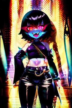1 girl, solo, smile, golden eyes, golden iris, golden sclera, star-shaped pupils, black pupils, unusually shaped pupils, black hair, short hair, fluffy hair, open mouth, two fangs, sharp fangs, symmetrical fangs, detailed fangs, sharp bangs, wings, puffy sleeves, leather trousers, hip trousers, low-slung trousers, bat wings, shoulder blade wings, leather sleeves, black sleeves, long sleeves, 

shadow, shadows, shadow on the face, shadow hides the upper part of the face, eyes shine with an otherworldly light, eyes shine with a golden light, 

insanely happy smile, evil smile, getsugao, insane happiness, excited expression, heavy breathing,

the girl is a sorceress, the evil girl is a sorceress, the dark girl is a sorceress, clothes of black red and purple tones, the costume of the evil girl is a sorceress, a magic wand is clenched in one of the hands, small breast, tight clothes, slim body, bare tummy, G-string peeking out from under the pants at the junction between the hips and waist, bare shoulders, slim hips,

,