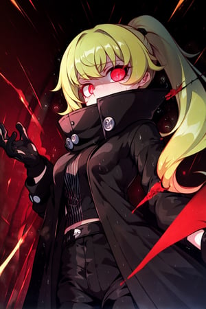Loli, solo, Naruko Uzumaki, red eyes, eyes emitting scarlet light, black sclera, absolutely black eyeballs, three thin black vertical stripes on both cheeks, shadow on the face, the upper part of the face is hidden by shadow, long black scaly coat, open coat, yellow hair, two ponytails, squinted eyes, black gloves, black trousers, arms outstretched, scarlet lightning in the background, rain, thunderstorm, the whole body in the frame,