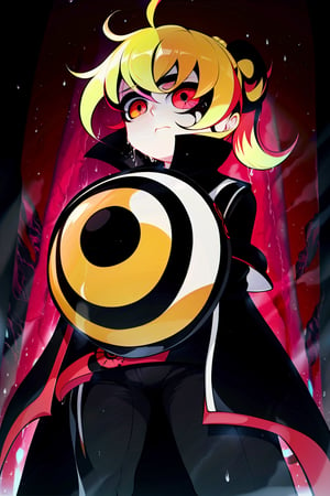 Loli, solo, Naruko Uzumaki, red eyes, eyes emitting scarlet light, black sclera, absolutely black eyeballs, three thin black vertical stripes on both cheeks, shadow on the face, the upper part of the face is hidden by shadow, long black scaly coat, open coat, yellow hair, two ponytails, squinted eyes, black gloves, black trousers, arms outstretched, scarlet lightning in the background, rain, thunderstorm, the whole body in the frame,

,BloodOrangeMix ,SHADBASE,Mrploxykun