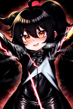 Loli, solo, Naruko Uzumaki, red eyes, eyes emitting scarlet light, black sclera, absolutely black eyeballs, three thin black vertical stripes on both cheeks, shadow on the face, the upper part of the face is hidden by shadow, long black scaly coat, open coat, yellow hair, two ponytails, squinted eyes, black gloves, black trousers, arms outstretched, scarlet lightning in the background, rain, thunderstorm, the whole body in the frame,