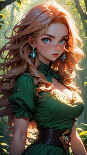 masterpiece, best quality, expressive eyes, perfect face, big eyes, looking at viewer, large breast, big breast, small waist, , Best Quality, Realistic, perfect figure, highly detailed, showing cleavage, dressed as merida from brave, Red curly hair, big hair, blue eyes, Green outfit, in the forest, bow and arrow, detailed dress, freckles on her face, cheek blush, big puffy hair, very curly hair,Pixel art