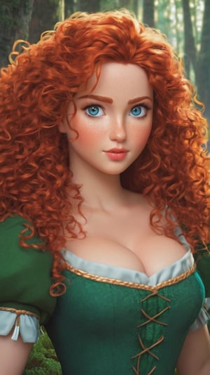 masterpiece, best quality, expressive eyes, perfect face, big eyes, looking at viewer, large breast, big breast, small waist, , Best Quality, Realistic, perfect figure, highly detailed, showing cleavage, dressed as merida from brave, Red curly hair, big hair, blue eyes, Green outfit, in the forest, detailed dress, freckles on her face, cheek blush, big puffy hair, very curly hair,Pixel art