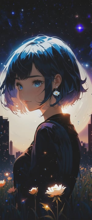 anime girl, night, blue light behind her, ((Galaxy, Lens flare)), short hair, flower field, night sky, cinematic shot. Wallpaper. (Blue color schema), detailed background, a city in the distance