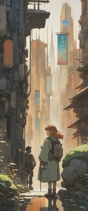 by Studio Ghibli and Alphonse Mucha, thick (science fiction scene:1.1) , looking away from camera, city, Selective focus