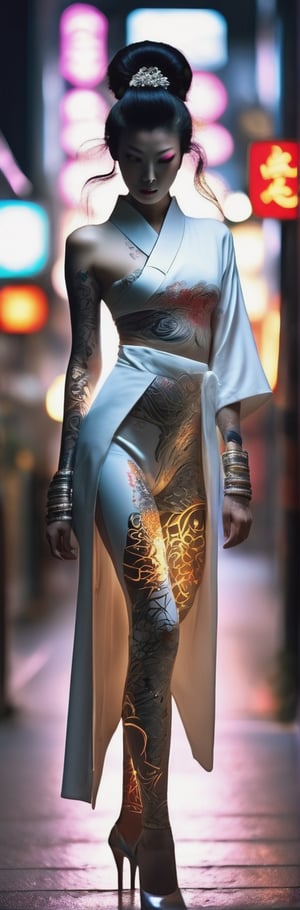 A Japanese woman in her twenties (standing_split) made of shiny white and silver translucent glass and plastic performing, Geisha makeup and hairstyle, beautiful irezumi tattoos up and down her legs, Silver metal interior, dynamic poses, flowing organic structure, Glowing golden circuit, colorful neon decoration, light emitting circuit, neon decoration, Depth of field focus f/2.8