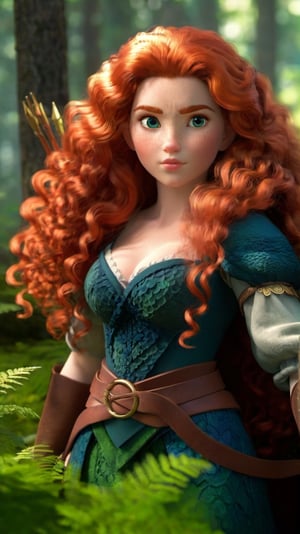 masterpiece, best quality, expressive eyes, perfect face, big eyes, looking at viewer, large breast, big breast, small waist, , Best Quality, Realistic, perfect figure, highly detailed, showing cleavage, dressed as merida from brave, Red curly hair, big hair, blue eyes, Green outfit, in the forest, detailed dress, freckles on her face, cheek blush, big puffy hair, very curly hair,Pixel art