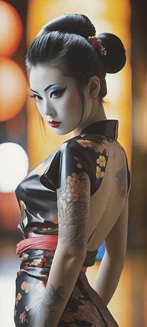 A Japanese woman in her twenties (standing_split:1.4) made of shiny white and silver translucent glass and plastic performing, Geisha makeup and hairstyle, beautiful irezumi tattoos up and down her legs, Silver metal interior, dynamic poses, flowing organic structure, Glowing golden circuit, colorful neon decoration, light emitting circuit, neon decoration, Depth of field focus f/2.8