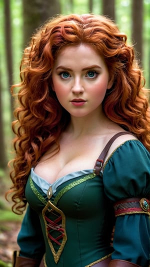 masterpiece, best quality, expressive eyes, perfect face, big eyes, looking at viewer, large breast, big breast, small waist, , Best Quality, Realistic, perfect figure, highly detailed, showing cleavage, dressed as merida from brave, Red curly hair, big hair, blue eyes, Green outfit, in the forest, bow and arrow, detailed dress, freckles on her face, cheek blush, big puffy hair, very curly hair,Pixel art