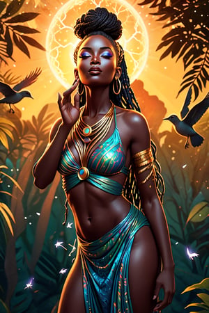 A high-resolution illustration of an African Goddess with a shaved head, shown in a side profile blowing a kiss. She is ignited with a brilliant spark of creation, radiating inner light to the world. In the background, there are birds, and in the foreground, leaves are blowing. The illustration is rendered in a stylistic and detailed manner, with a colorful, neuron art style, giving it an illuminated and photorealistic look.