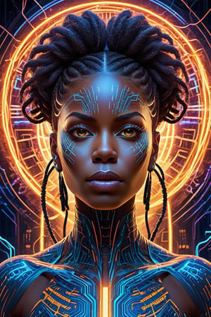 Get lost in the mesmerizing world of this electric circuit-inspired prompt. A powerful African-American woman's face, crafted with visionary art, is illuminated by electric sparks. Her symmetrical features and intense expression give off a sci-fi feel, while the ultra-detailed rendering and psychedelic colors add a touch of otherworldly beauty