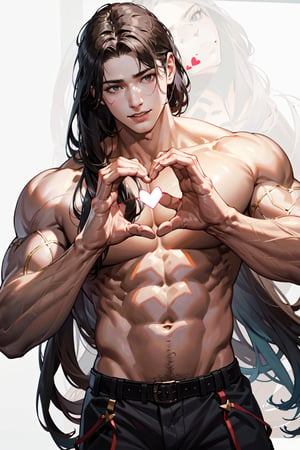 (absurdres, highres, ultra detailed, realistic) 
Muscular man, abs, abs, very large shoulders, make a heart shape with your hands), long hair, Happy joy,❤
