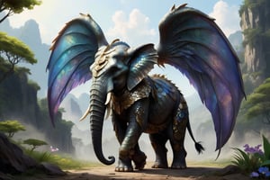 The elephant-like creature stands tall, its ears transformed into enormous angelic wings, reminiscent of divine guardians,Facing forward,Adorned in armor crafted from dragon scales, it possesses an air of formidable strength and resilience.,The dragon-scale armor shimmers with an otherworldly iridescence, reflecting the light in mesmerizing patterns. Despite its imposing appearance, there is a sense of serenity and wisdom in its gaze, as if it holds the secrets of both heaven and earth,wings,dragon armor