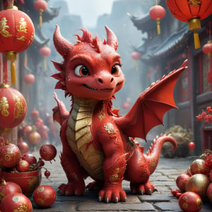 lunar new year red baby dragon, in the style of Pixar animation, traditional Chinese cultural themes, intricate costumes, victorian-inspired illustrations, joyful chaos