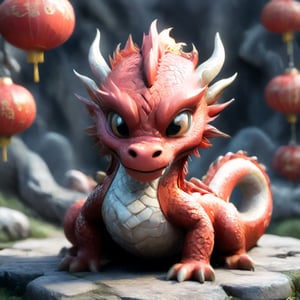 lunar new year red baby dragon, in the style of Pixar animation, traditional Chinese cultural themes, intricate costumes, victorian-inspired illustrations, joyful chaos,dragon