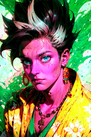 1boy, Legion, solo, oil painting, impasto, looking at viewer, a handsome young man, 18 years old, long black spiky hair, blue eyes, ((caucasian, white skin)) tribal necklace, tribal psychedelic outfit, urban outfit,  psychedelic background, masterpiece, nijistyle, niji, , sciamano240, soft shading, Legion,Color Booster