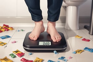 man looking down at his 2 feet on the bathroom scale he is standing on, (spinning number) the scale is bulging from the weight. candy wrappers litter the  along with soda cans and potato chip bags