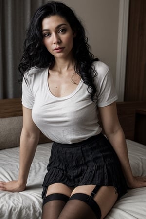 Italian woman, 50 year old woman wearing a low-cut t-shirt and skirt with black sheer stockings, realistic skin texture, skin blemishes, skin blemishes, photograph taken in bedroom (((long wavy black hair)))
