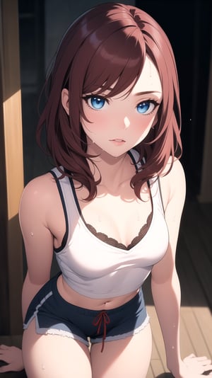 (masterpiece, best quality), intricate details, medium breast, small waist, dark red hair, blue eyes, beautiful face, perfect illumination, beautiful detailed eyes,looking at viewer, stunningly beautiful woman, detailed hairstyle, detailed background,shorts, detailed fantasy background, (sweat:1)