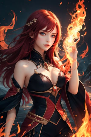 (masterpiece, best quality), 1girl, red hair, red eyes, fantasy, flames, burning, scenery, magic, light particle, messy hair,