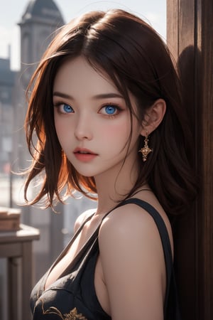 (masterpiece, best quality), medium breast, small waist, dark red hair, blue eyes, beautiful face, perfect illumination, beautiful detailed eyes,looking at viewer, stunningly beautiful woman, detailed hairstyle, detailed background,shorts, detailed fantasy background,