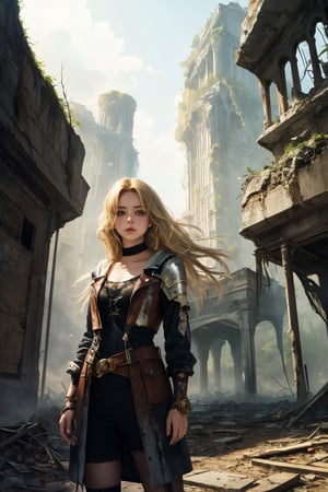 (masterpiece, best quality), 1girl, blonde hair, sidelocks, fantasy, post-apocalypse, ruins, scenery, light particle, messy hair,