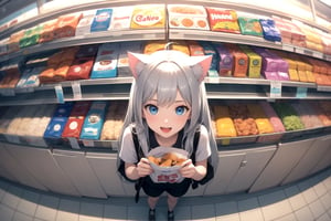 from above, crowd, solo, blue eyes, long silver hair, :d, cat ears, standing, convenience store, shop, holding bag, depth of field, fisheye lens,